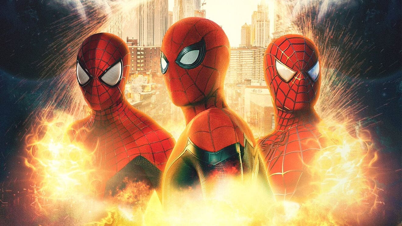 three different iterations of spider-man stand beside each other