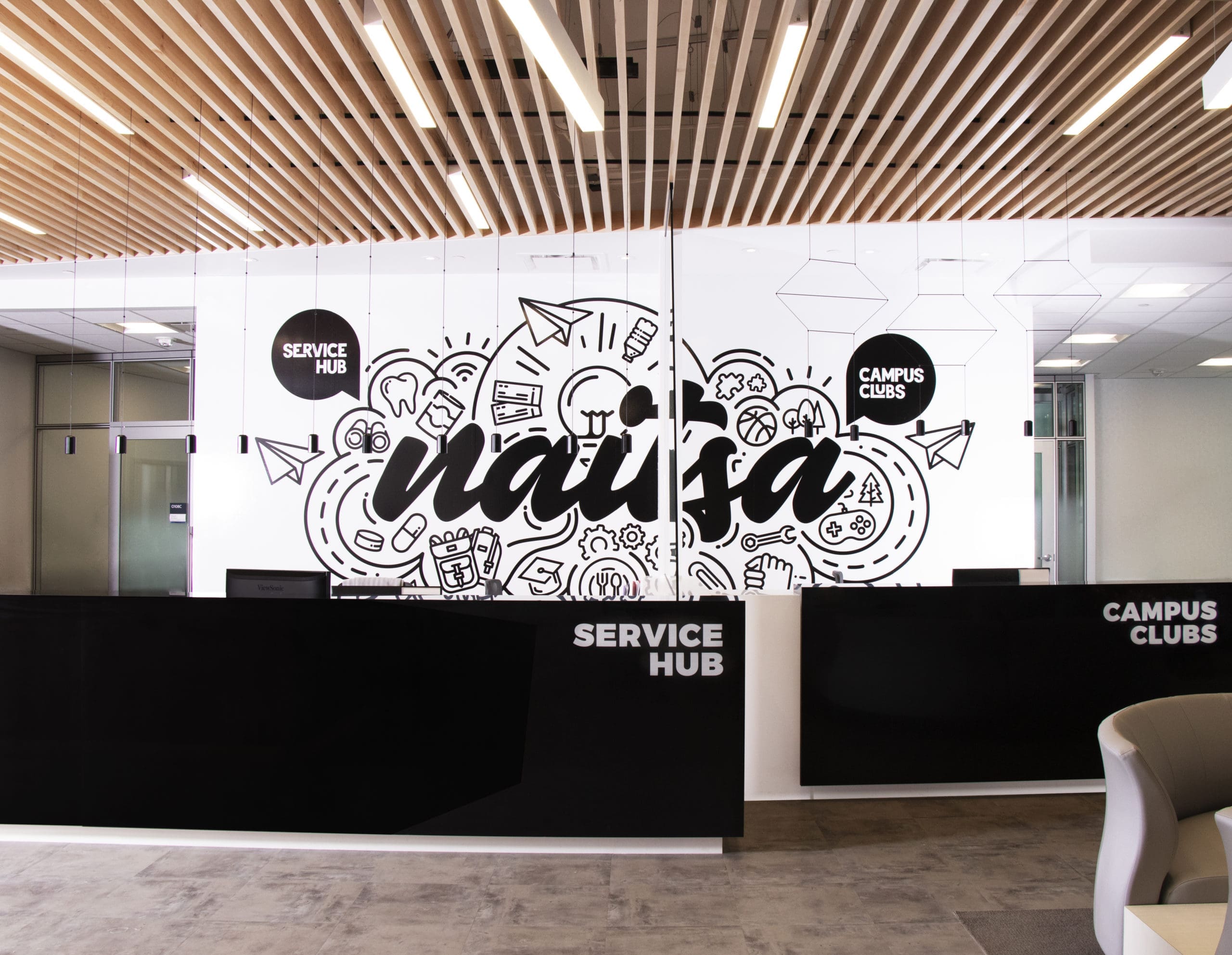 NAITSA office mural black and white mural that says "naitsa"