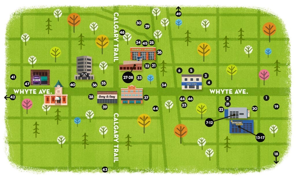 a map showing the location of different murals around old strathcona