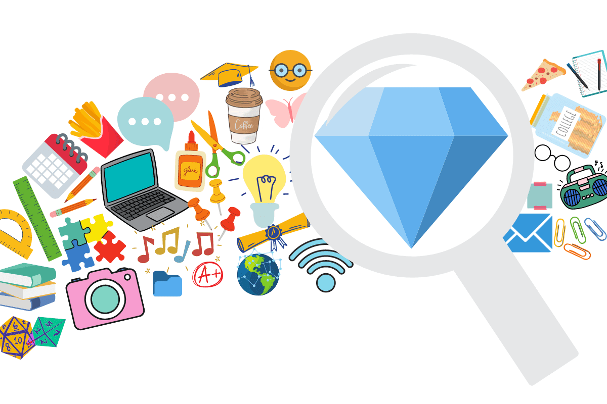 Small graphics of various objects used for school, magnifying glass with diamond in it