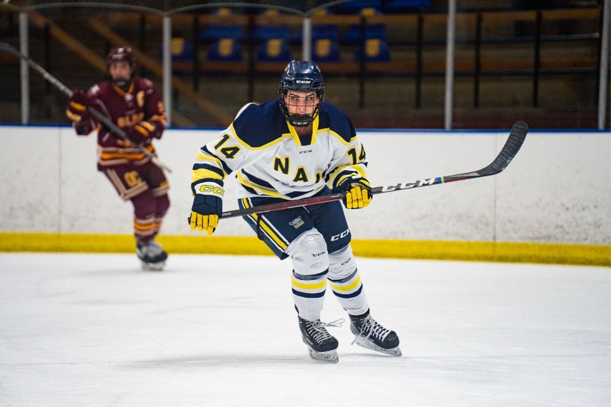 a woman hockey player skates in a rink. she's holding her stick up