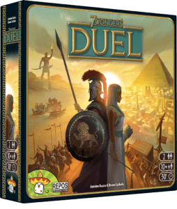 A mockup of the box of the game 7 Wonders Duel. The title is on the middle of the box, and there's two spartan soldiers with light behind them. The background is a war scene and you can see pyramids in the distance.