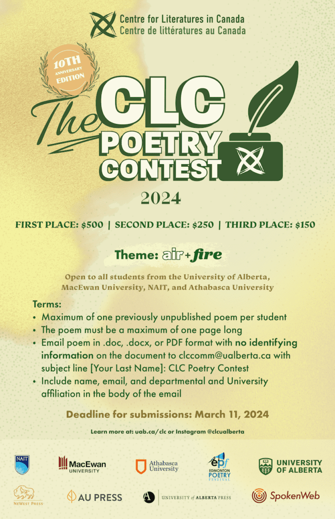 a poster advertising the CLC poetry contest. it's got a yellow background with green and white text.