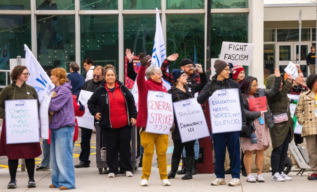 Supporters from unions across the city, including NASA, rallied at NAIT on Oct. 30 in protest of Bill 2. Photo by Mathieu Durnford