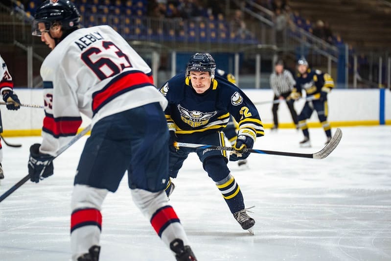 Two men's hockey players are in focus on the ice, battling for the puck, which is off-screen. 