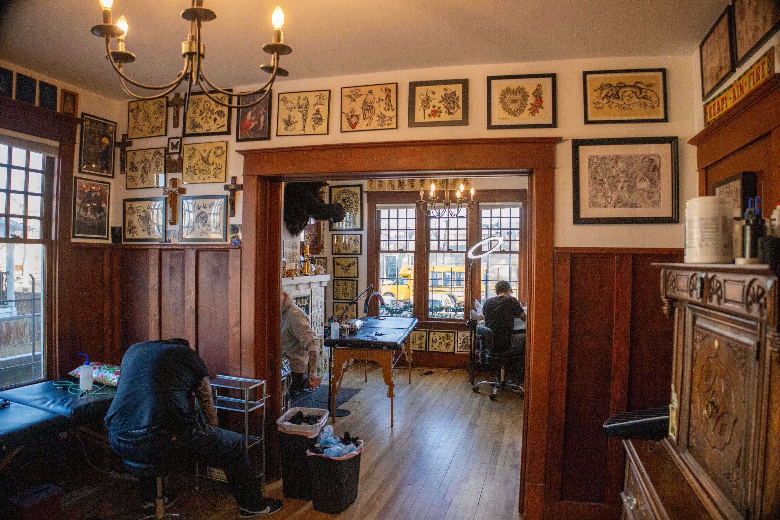 A glimpse of framed flash on the walls of Easy Tiger Tattoo.