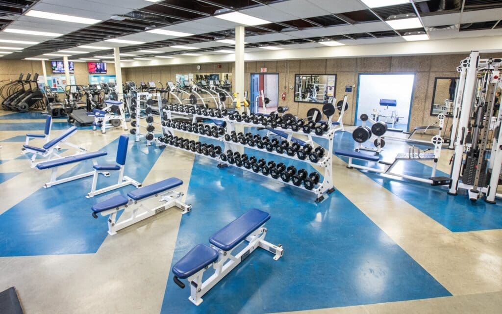 gym equipment in rows, on a blue and beige tile floor