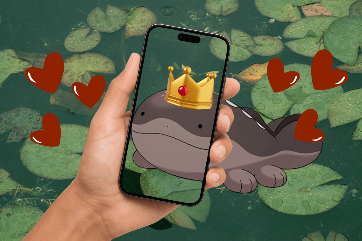 a phone screen taking a picture of Clodsire in a pond