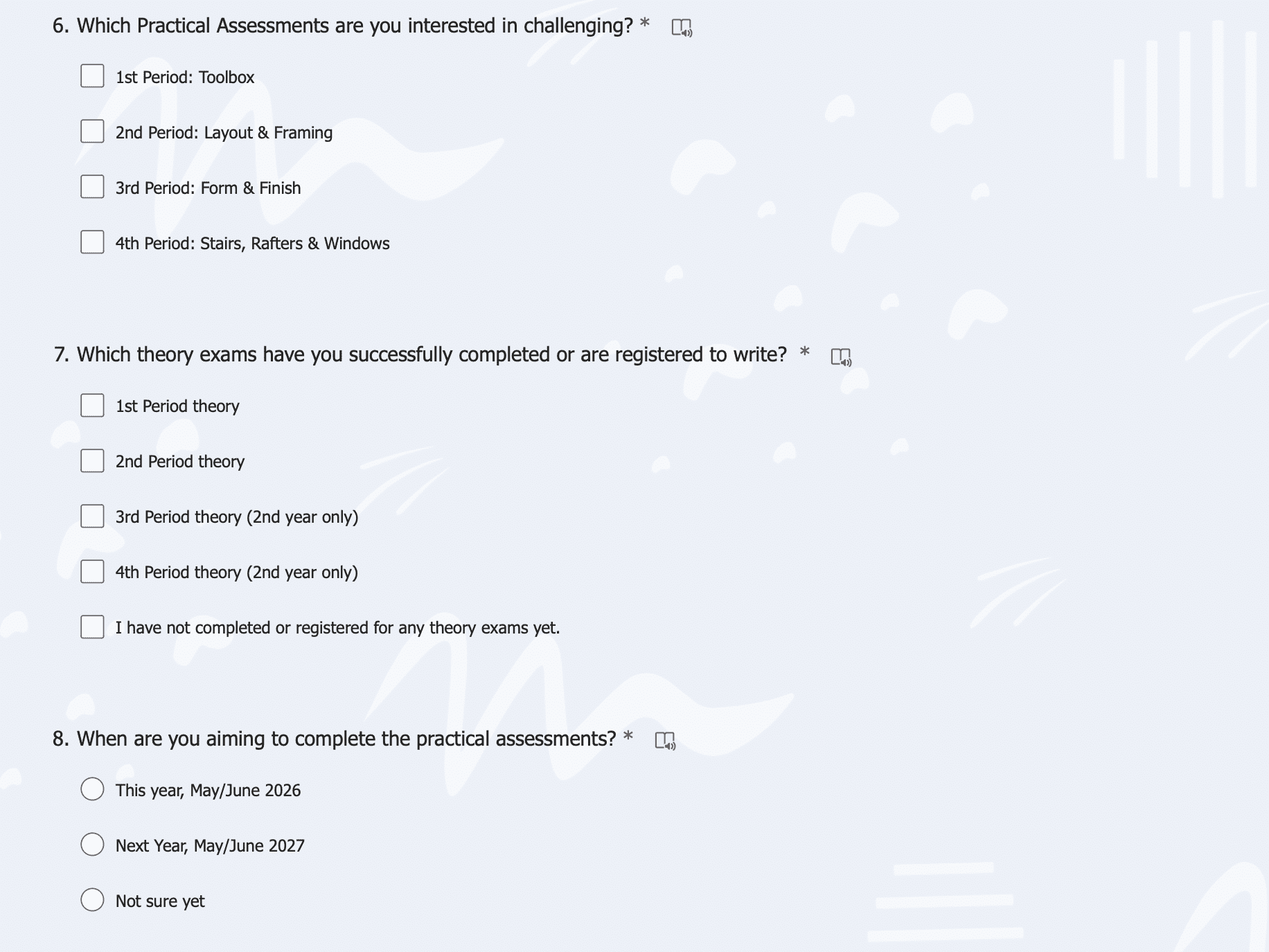 A screenshot from the survey sent to Advanced Carpentry Technology students.
