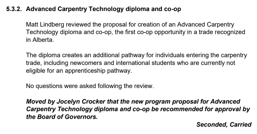 Minutes from the Nov. 20, 2023 Academic Council meeting when the Advanced Carpentry Technology Program was recommended for approval.